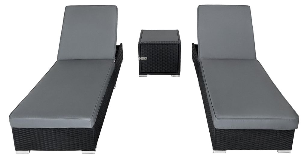 Sonnenbett-Set 3-Stück Rattan 2 Schwarz Korbgeflecht-Liegestühle 5-fach Verstellbare Rückenlehne | Abschließbarer Seitentisch | Dicke Polster |...