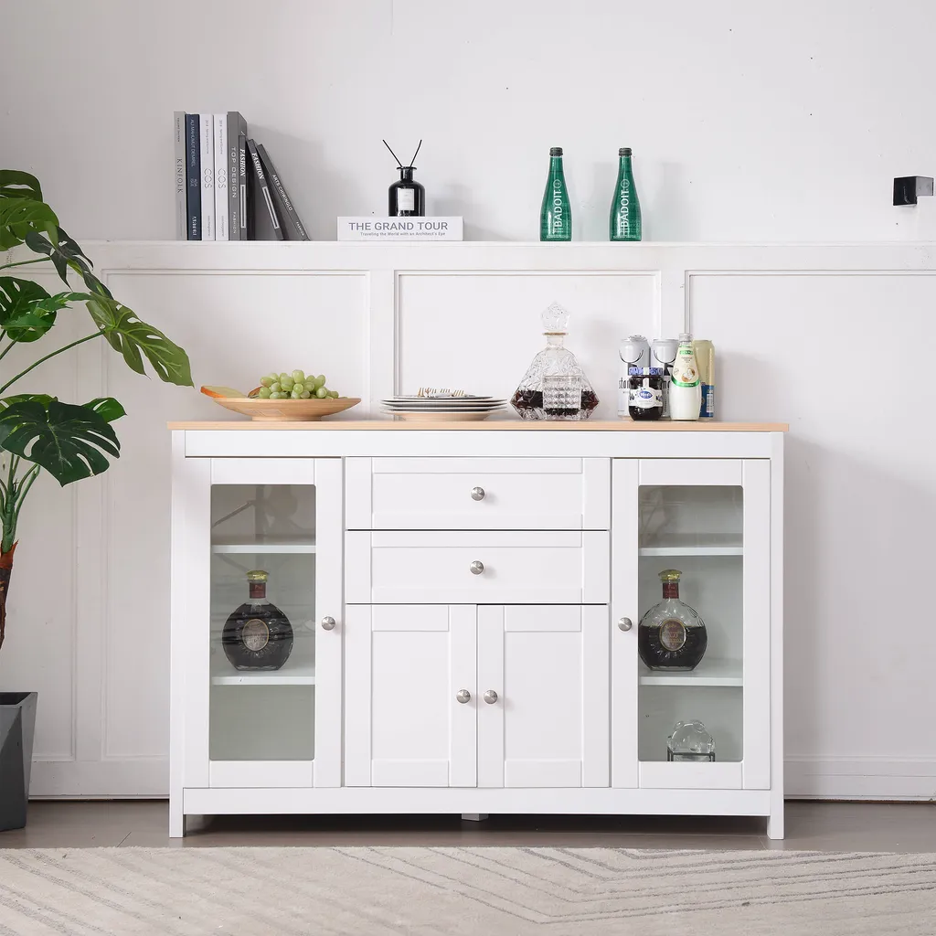 Commode blanche à tiroirs et portes vitrées style contemporain