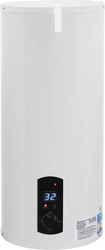Elektrischer Warmwasserboiler 60 L, Zylinder, 2000 W, digitales Display, inkl. Wasserschläuche, Handbrause und Wasserhahn, Weiß