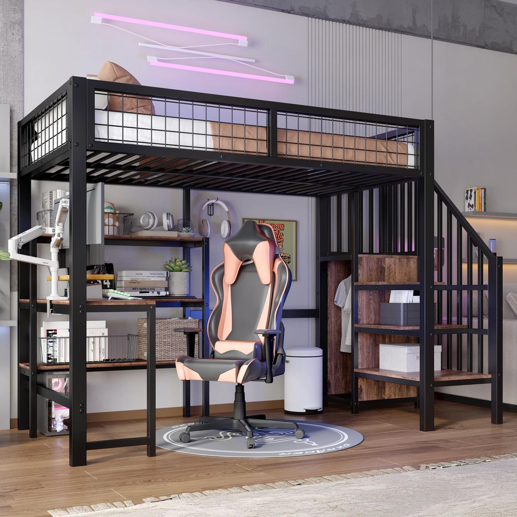 A loft bed with a desk, chair, and shelves in a room.