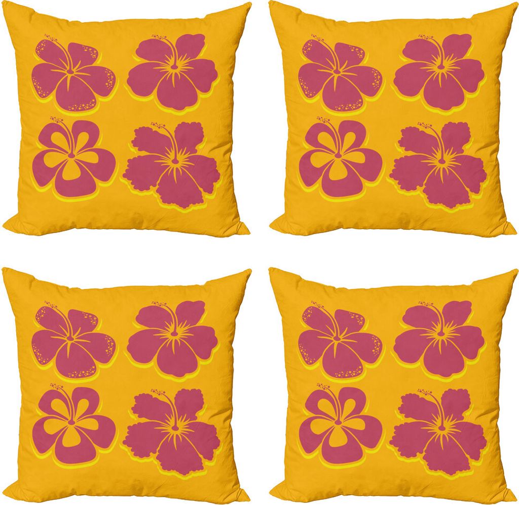 ABAKUHAUS Luau Kissenbezug Set (4 Stück), Hibiskus-Blumen-Silhouetten, Moderner Doppelseitiger Digitaldruck, 60 cm x 60 cm, Orange Gelb