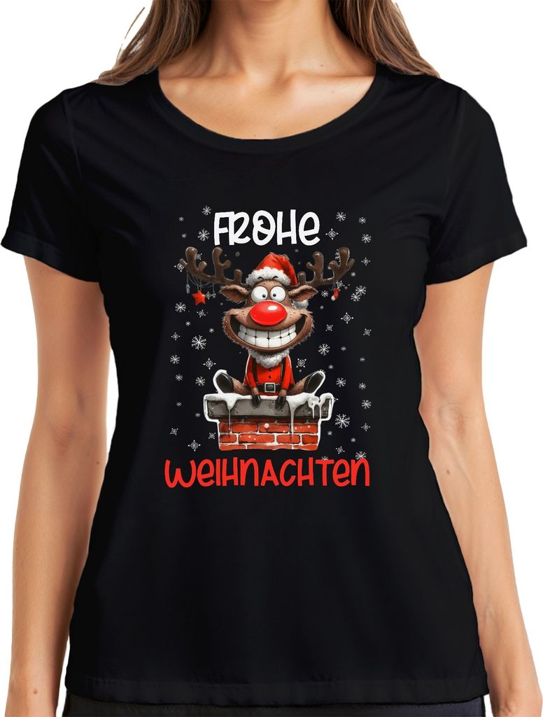 Frohe Weihnachten lustiger Elch Reh Rentier - Weihnachten Xmas Christmas Damen T-Shirt, Schwarz, M