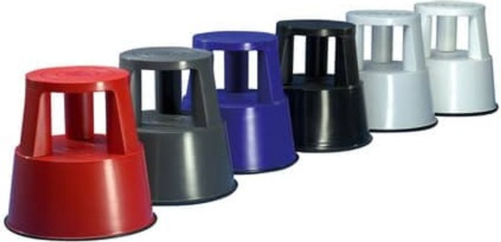 A line of plastic step stools in various colors.