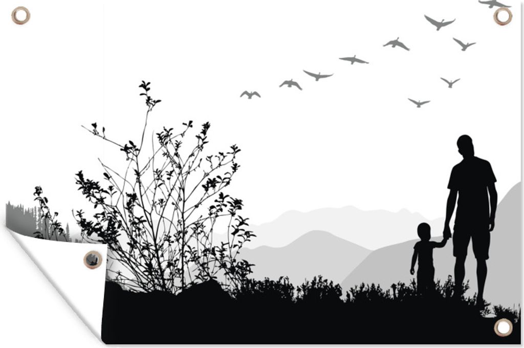 MuchoWow 90x60 cm Outdoor-Poster Gartendeko Sichtschutz Garten Poster für den Garten Silhouette von Vater und Sohn beim Spaziergang.