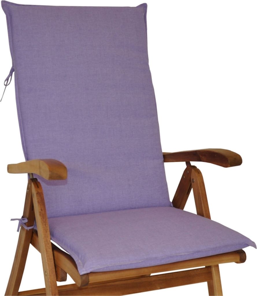 A close-up of a purple cushion on a wooden garden chair.