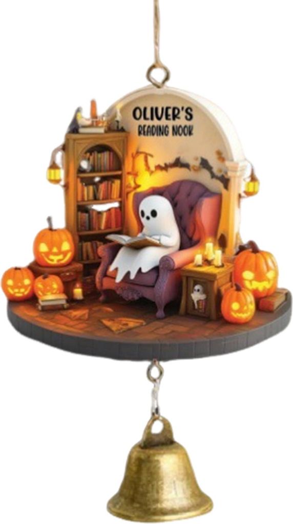 Geister-Lesebuch, Halloween-Ornament, 2D-Flachgeist in der Leseecke, hängende Dekoration mit Glocke, Fenster-Windspiel zum Aufhängen für Heimdek...
