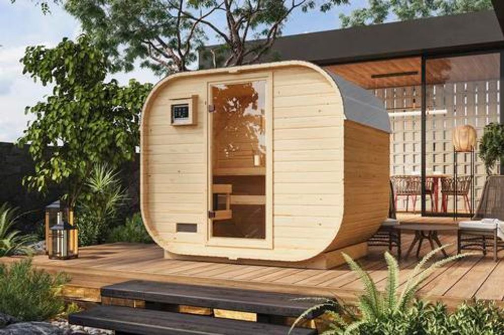 Fasssauna Karibu Quadrado 1 Plus B: 242.5 cm Plus 9 kW Ofen und integrierter Steuerung mit bronzierter Ganzglastüre