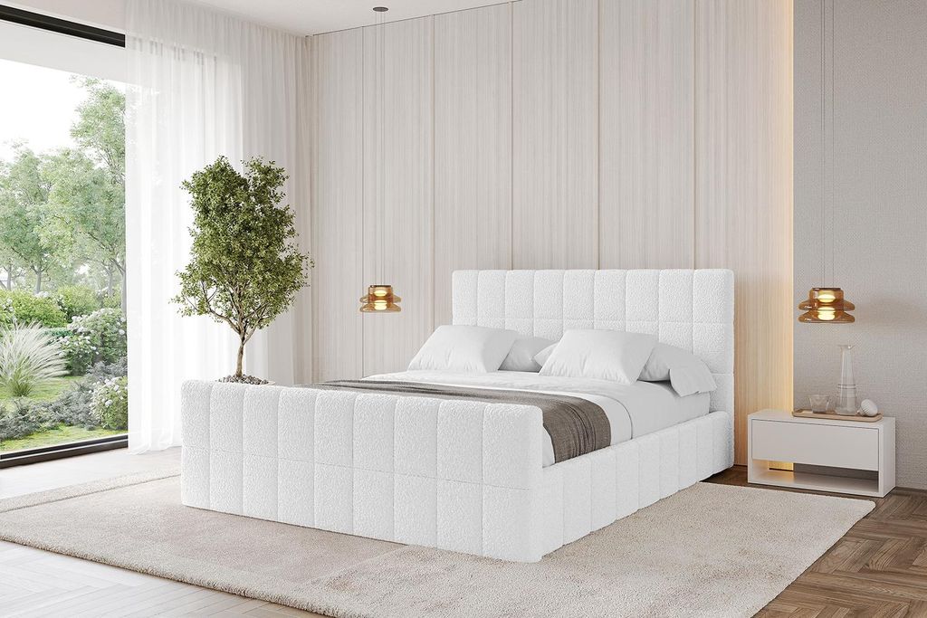 ALTDECOR Polsterbett mit Bettkasten - AMEA-Z 200x200 Weiß - Bett mit Matratze H3/H4, Kopfteil und Fußteil, Boxbett, Doppelbett mit Stauraum