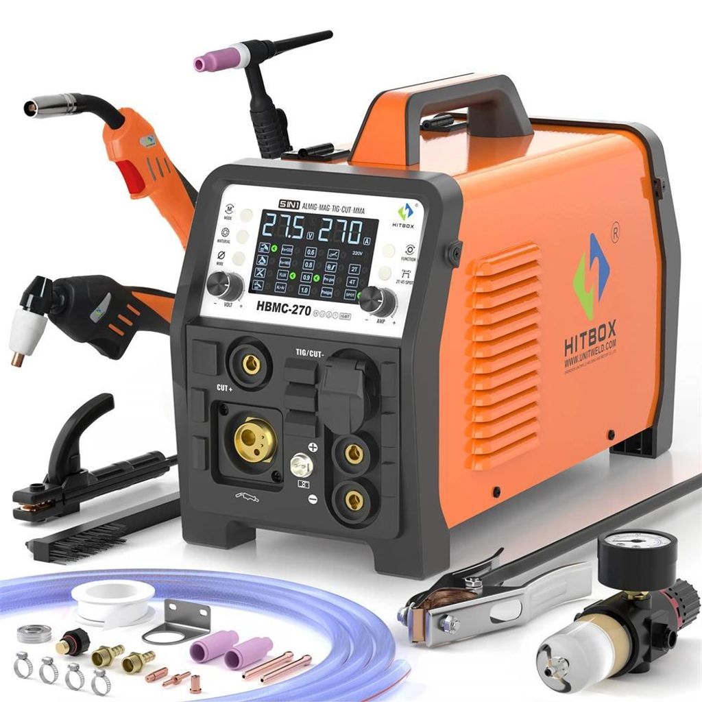 Multifunktions Schweißgerät - HBMC270 Inverter - 6-in-1 270A - MMA/MIG Gas/Gaslos/HF TIG/Plasmaschneiden - Digitaldisplay 2T/4T - Maße 51×41×3...