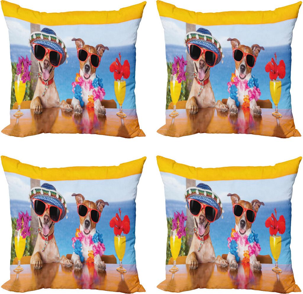ABAKUHAUS Komisch Kissenbezug Set (4 Stück), Tropic Sommerhundefreunde, Moderner Doppelseitiger Digitaldruck, 60 cm x 60 cm, Mehrfarbig