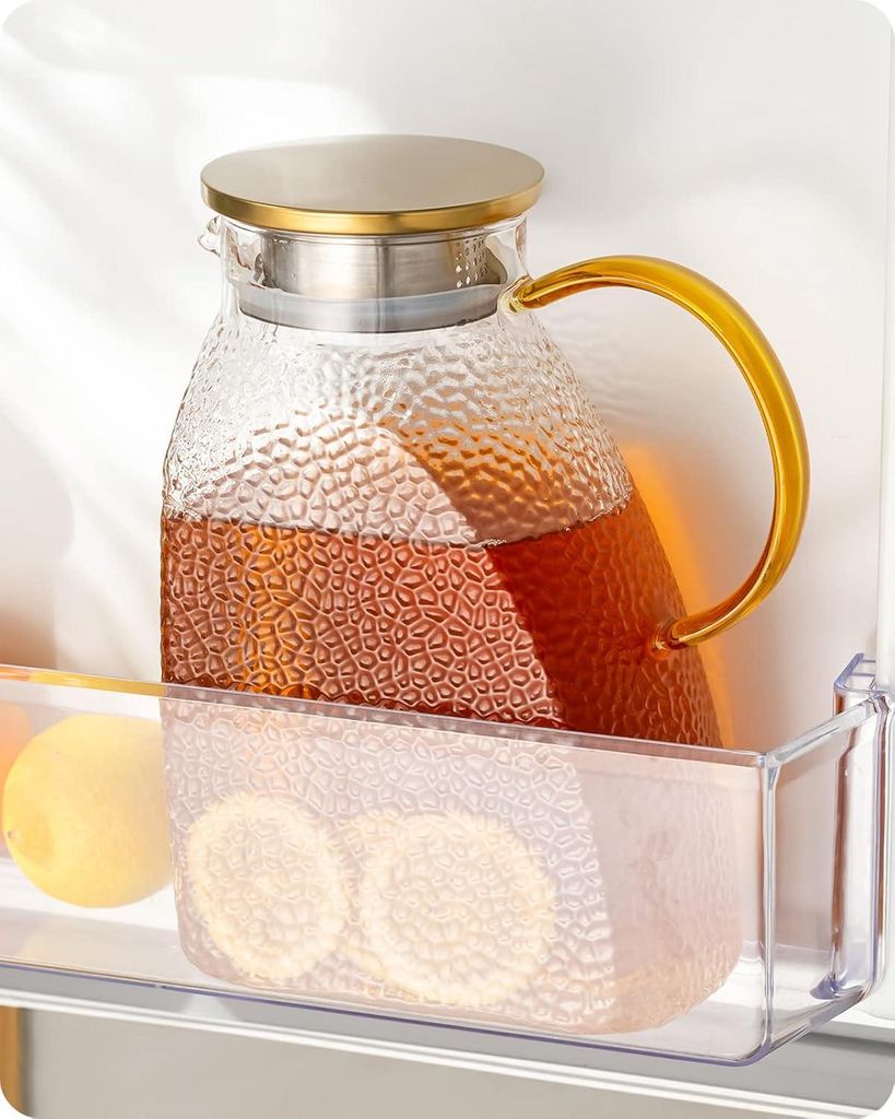 Wasserkrug, Karaffe Glas mit Edelstahl-Deckel, Auslaufsicherer Kühlschranktür Karaffen für Heiße oder Kalte Getränke (1.8 L/63 oz.)
