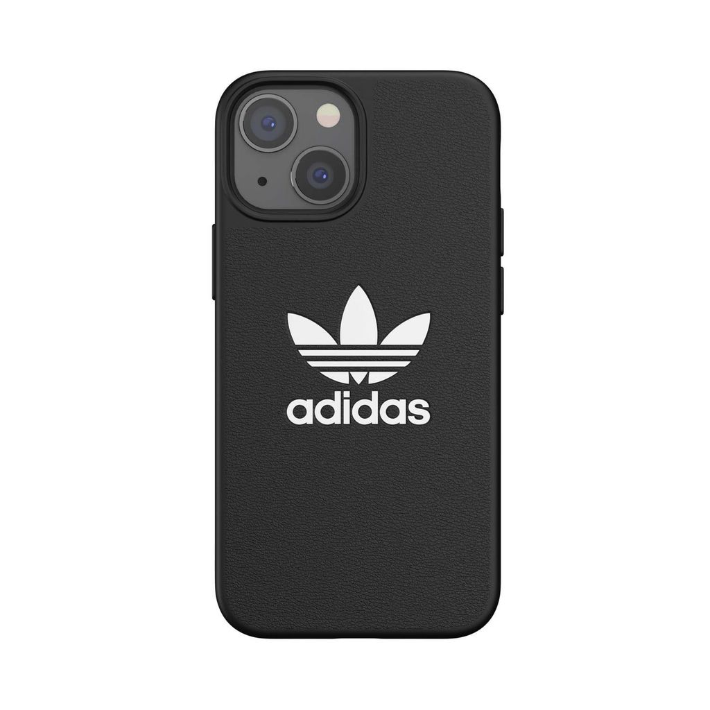 A black iPhone 13 Mini case with the Adidas logo and text.