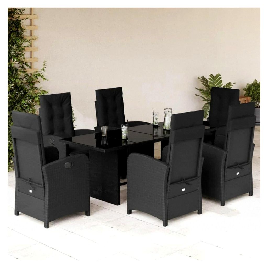 7-teiliges Garten-Essgruppen-Set Schwarz Poly Rattan, verstellbare Stühle, Glastisch, Kissen, Möbel für Terrasse und Balkon, UV-beständig, 190x...