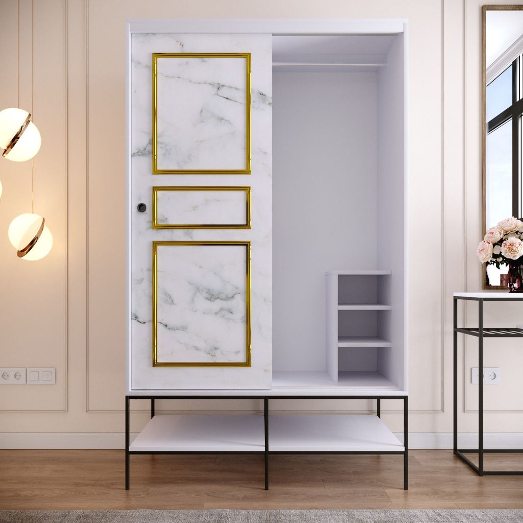 Skye Decor, Martin 120 - White, Black, Gold, Kleiderschrank, Weiß, 100 % MELAMINBESCHICHTETE SPANPLATTEN, 120 x 57 x 200 cm