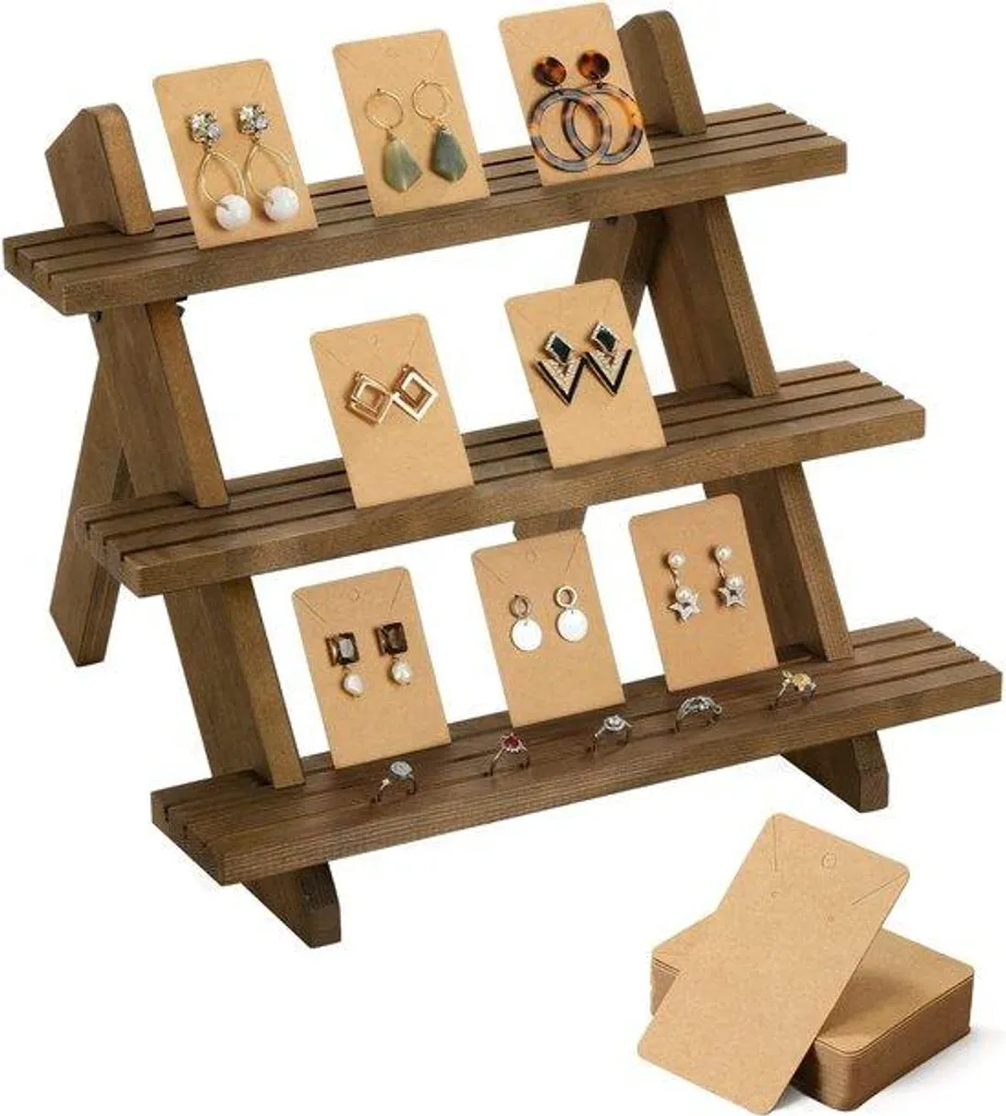 Présentoir à bijoux en bois marron à 3 étages pour bagues et dormeuses