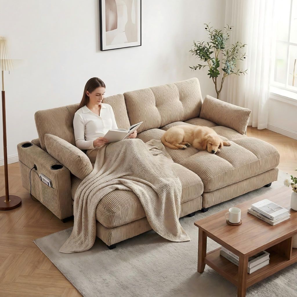 A woman is reading a book on a sectional sofa with a dog sleeping on it. A coffee table is in the foreground.