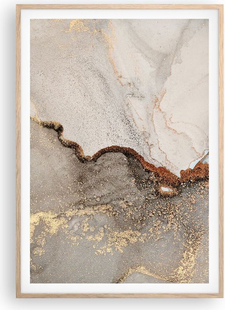 Gerahmtes Poster - Rahmen in heller Eiche - Stein Sand Abstraktion - 70x100 cm - Wand Bild - Wanddeko - Wandbilder - Kunstposter - Wandposter - Bil...