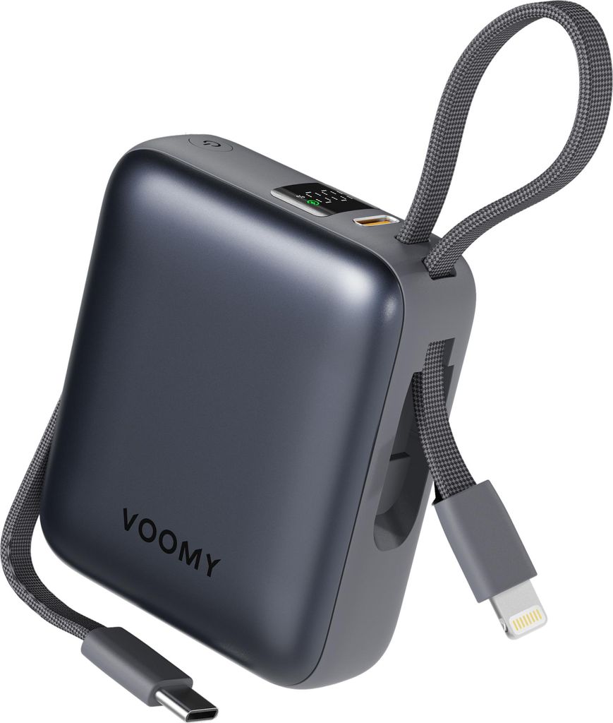A dark gray VOOMY power bank with integrated USB-C and Lightning cables, shown against a white background.