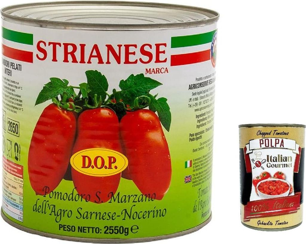 6x STRIANESE Geschälte San Marzano Tomaten 3Kg Ganz + Italian Gourmet polpa 400g