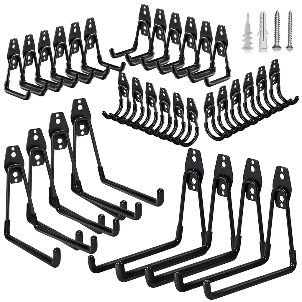 Lot de 32 crochets de garage muraux robustes en acier noir avec vis