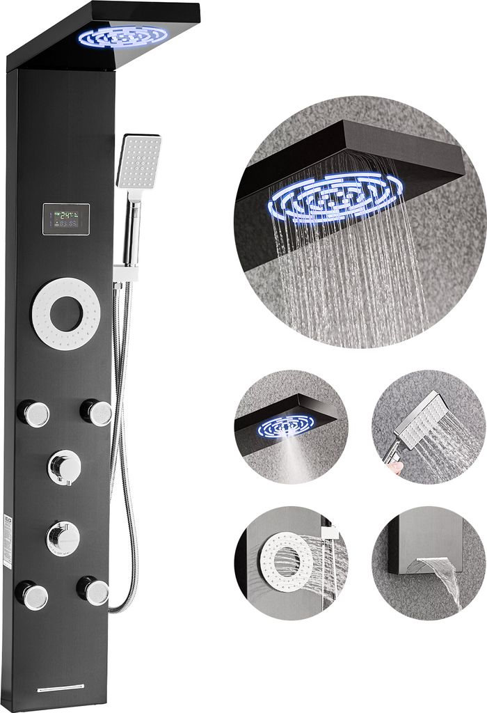 VEVOR Duschpaneel-Turmsystem (6 in 1) mit Regenwasserfall-Duschkopf & LED, (1345 mm) Duschsäule aus gebürstetem Edelstahl