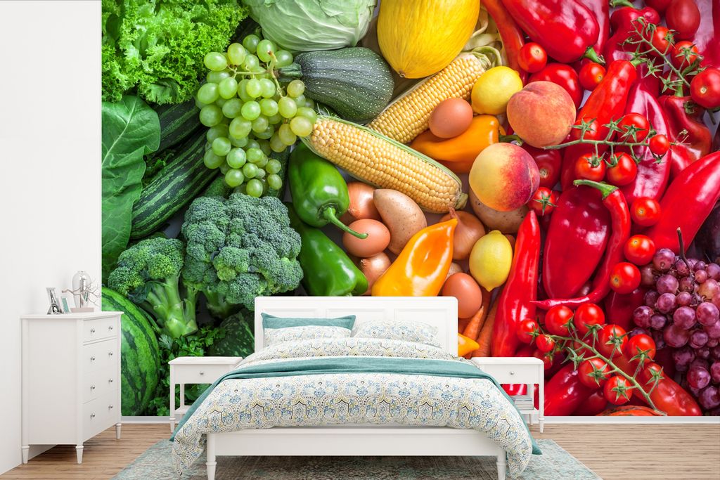 MuchoWow Fototapete für Wohnzimmer oder Schlafzimmer Wandtapete Vinyl Motivtapete Obst - Gemüse - Regenbogen - 525x350 cm - Das Hintergrundbild
