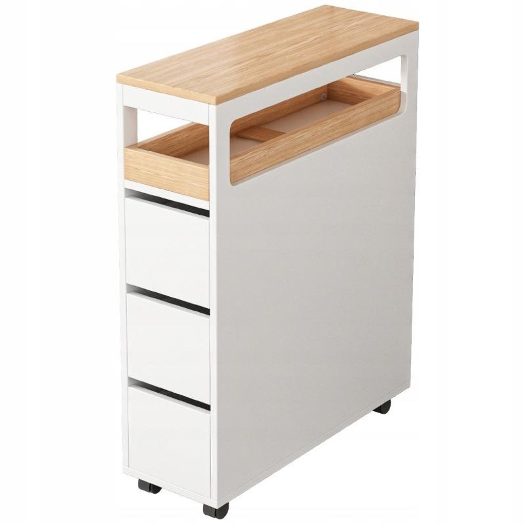 A slim, white rolling cabinet with wooden accents and three drawers, shown against a white background.