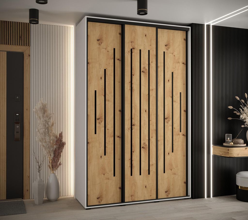 Kleiderschrank ASIRI 12 - 160/60 cm, weiß / Eiche handwerklich / schwarz