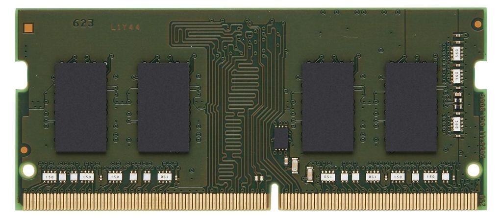 A single computer memory module (RAM stick) is shown from a top-down perspective.