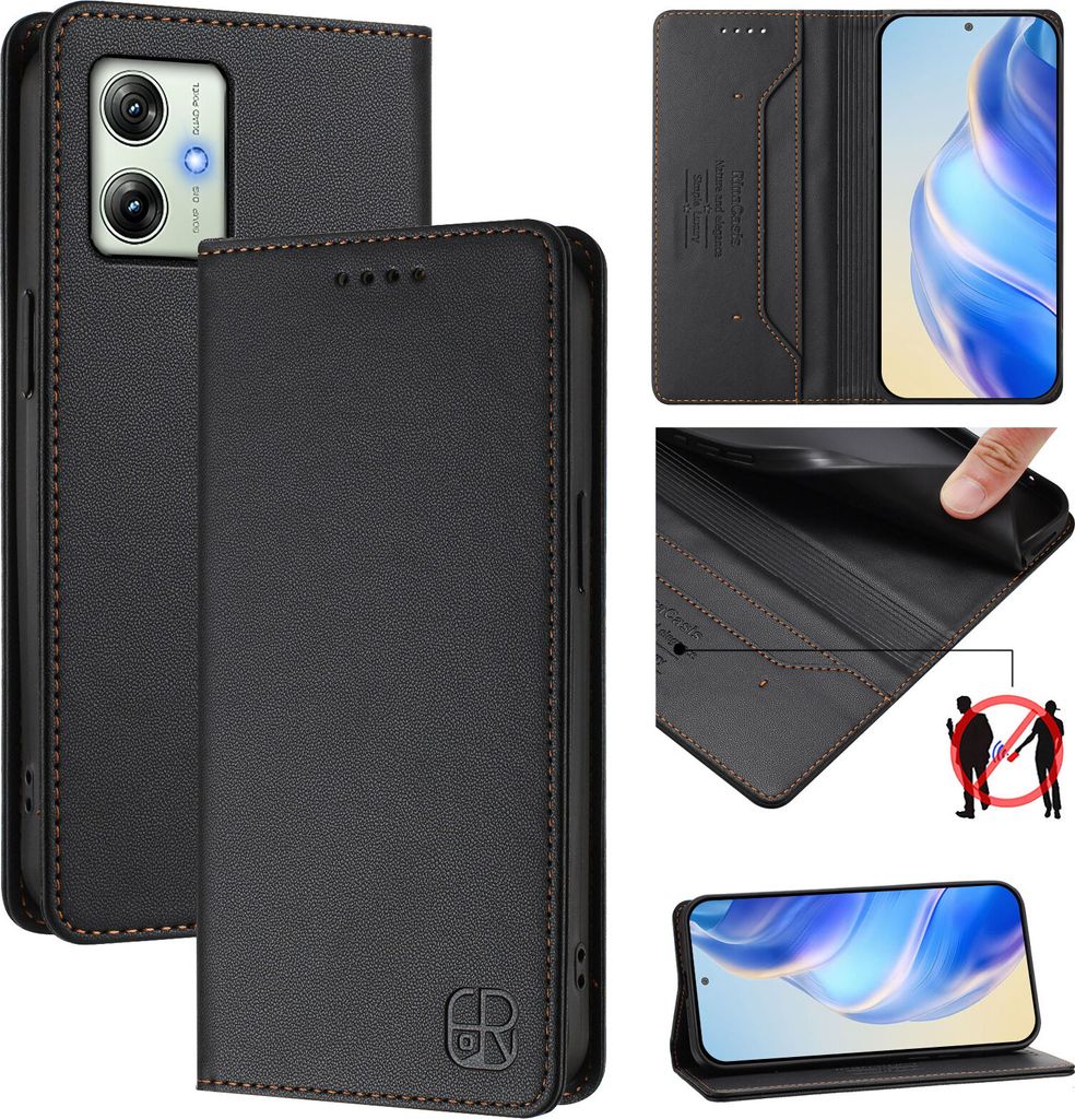 Lederhülle für Motorola Moto G54 Power Hülle Flip Brieftasche Kartenfächern Ständer Schutzhülle Schwarz