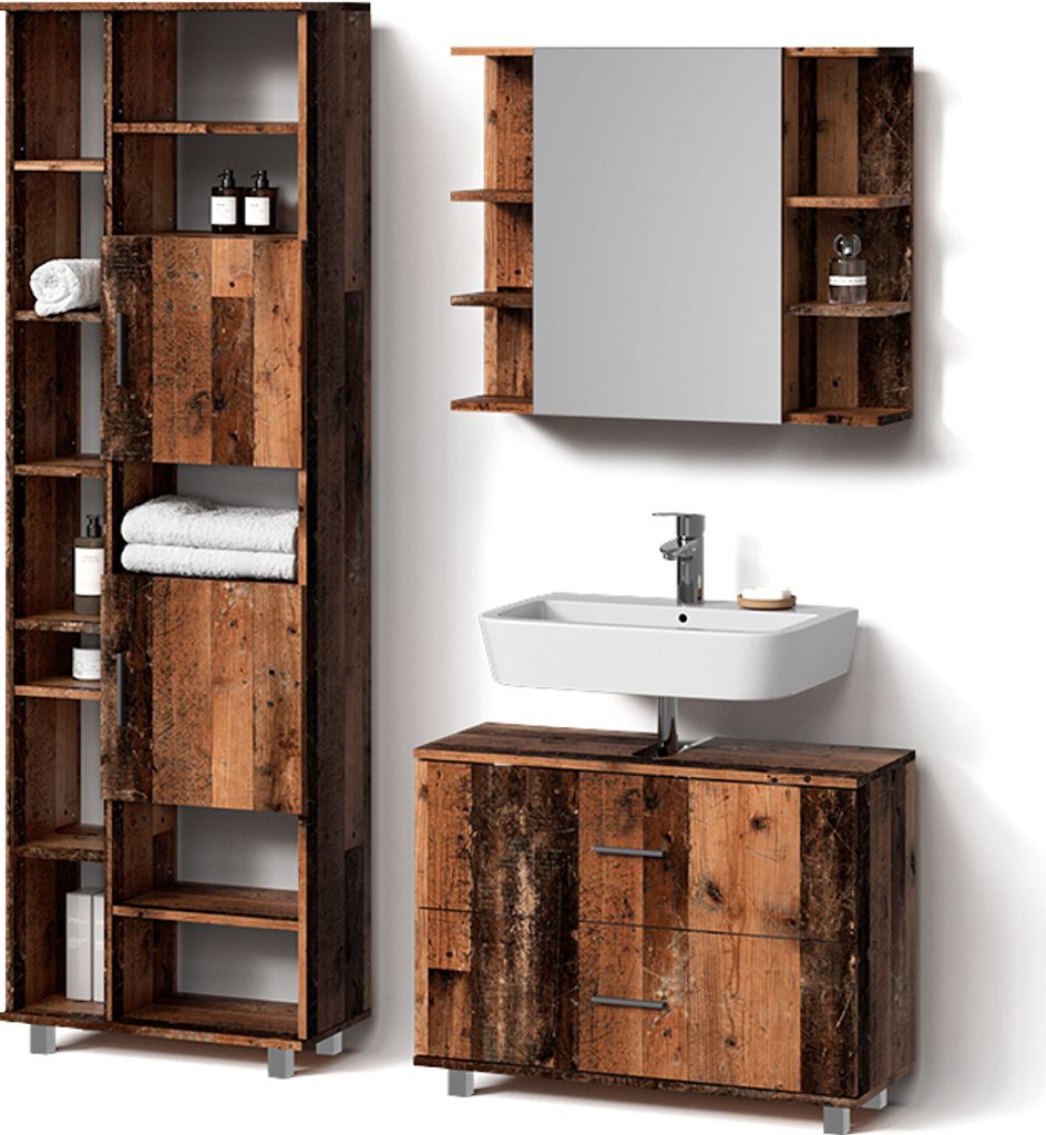 Badmöbel-Set Livinity Eisak Eiche rustikal 3 Teile, mit Hochschrank, Model 52817