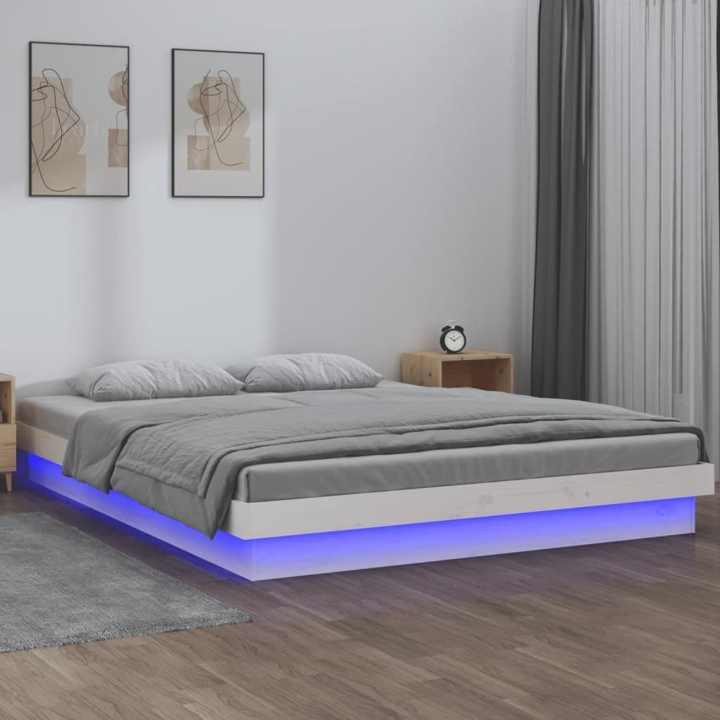 CLORIS Massivholzbett Bettgestell Holz mit LEDs Weiß 140x190 cm, 24,4 kg
