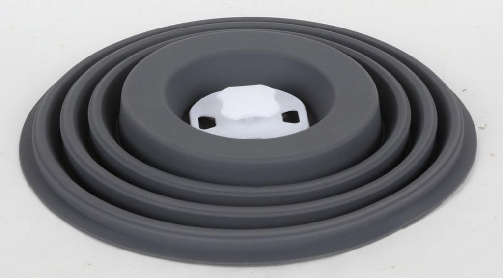A gray silicone collapsible lid with a white plastic center piece is shown.
