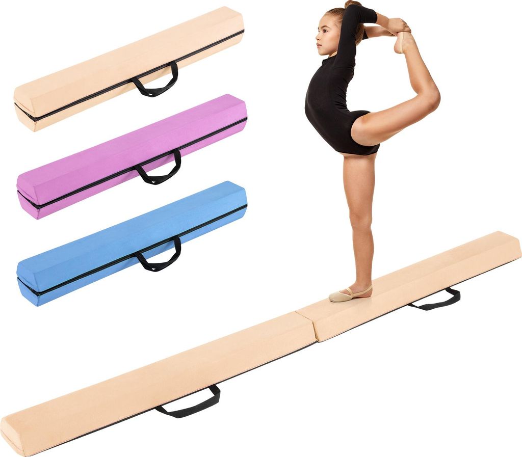 COSTWAY 210 cm zusammenklappbarer Schwebebalken, Turnbalken mit Schaumstoffboden, abnehmbarem Wildlederbezug & rutschfester Unterseite, Beige