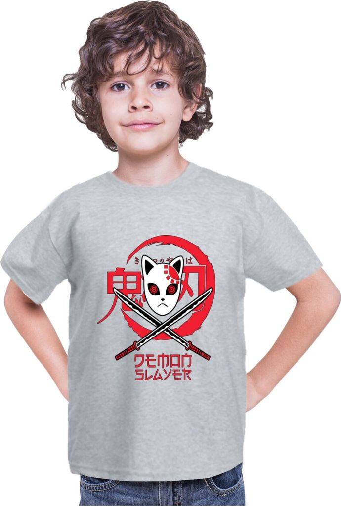 Kinder T-Shirt Demon Anime Slayer Kimetsu No Yaiba Mask 001, 7-8 Jahr - 128 / Grau