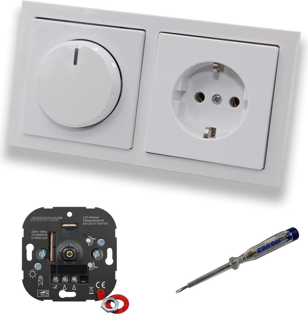 EBROM 1001 LED Drehdimmer Dimmer + Busch Jäger Dimmerscheibe 6540-84-102 und Steckdose mit Kinderschutz 20EUCKS-84 in Future Linear Studioweiß gl...