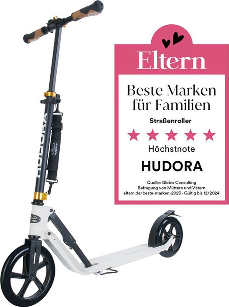 HUDORA BigWheel Style 230 Scooter - weiß - Aluminium-Roller mit großer Trittfläche - höhenverstellbar & zusammenklappbarer - für bis zu 120kg