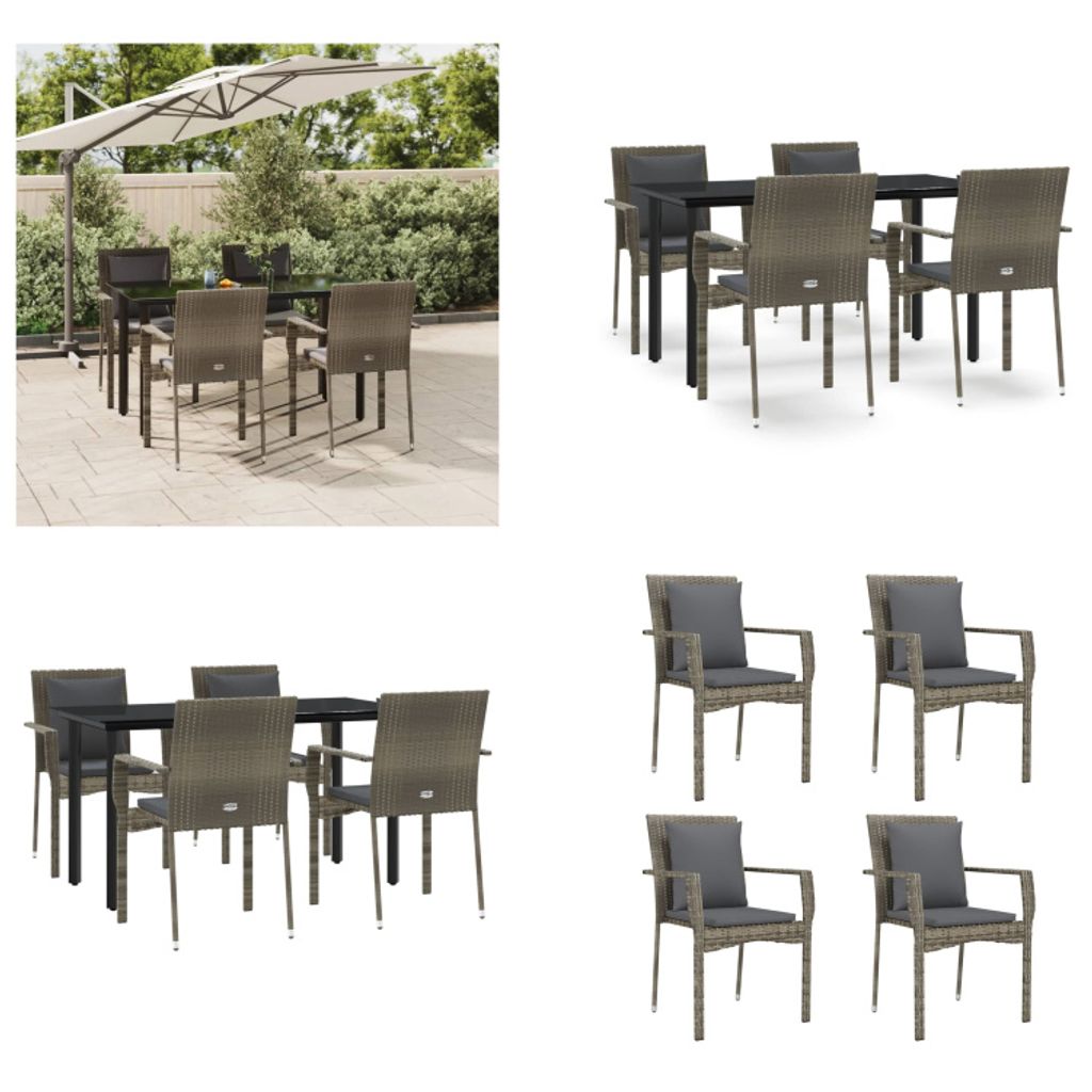 vidaXL 5 tlg. Garten Essgruppe mit Kissen Schwarz und Grau Poly Rattan - Garten Essgruppe - Garten Essgruppen - Essgruppe - Essgruppe Terrasse