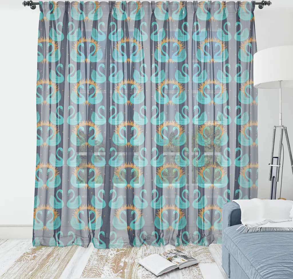 ABAKUHAUS Arazzo Cigno, Motivi artistici astratti di uccelli acquatici dal collo lungo Sole e stelle, Soggiorno Camera da letto Tessuto da parete in raso setoso, 240 cm x 274 cm, Viola scuro Blu verde acqua