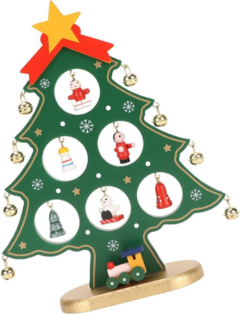 H?lzerne Weihnachtsbaumtischtisch Dekoration Desktop mit Mini -Ornamenten fr Ornament Grn