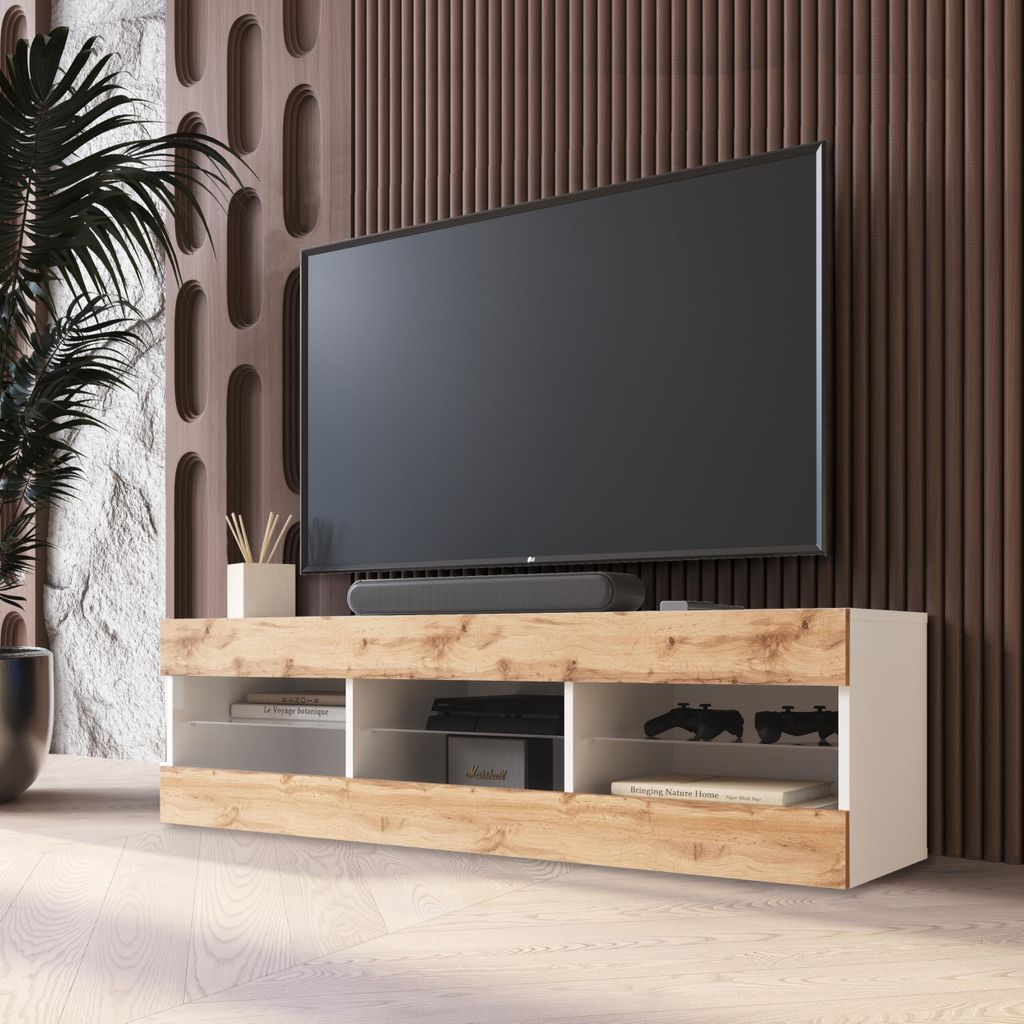 Komodee TV Schrank Tivoli, Wotan/Weiß, Breite 140cm x Höhe 40,5cm x Tiefe 35,5cm, ohne LED, für Wohnzimmer, Schlafzimmer
