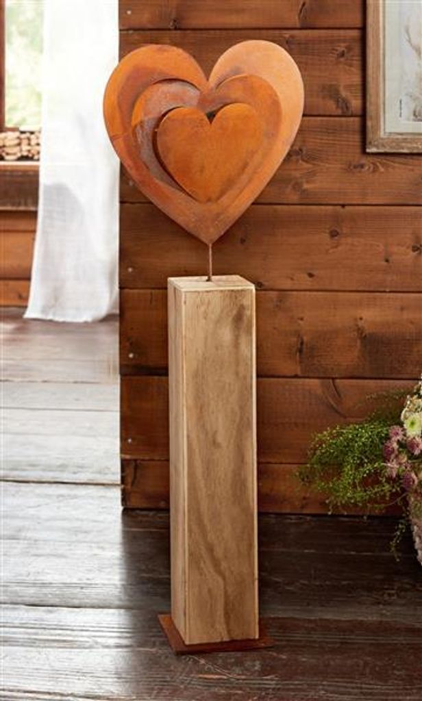 Colonne décorative "Cœur rouille" en bois, hauteur 72 cm, Image du produit 