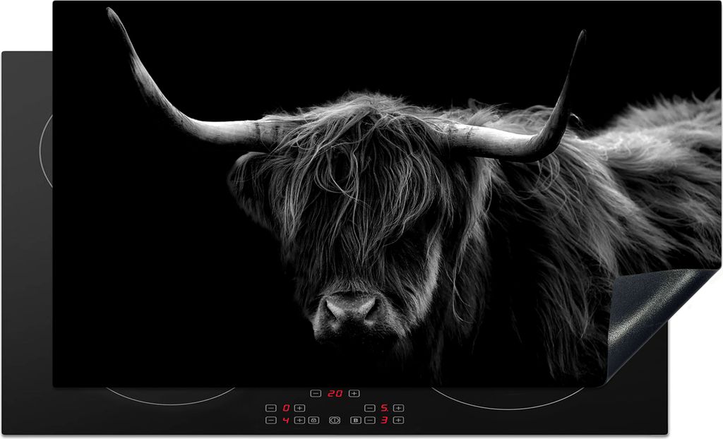 KitchenYeah Herdabdeckplatte Schottischer Highlander - Hörner - Schwarz - Tiere - Natur - Wild - Kuh , 89x51cm, Küche Deko, Glaskeramikfeld Her...
