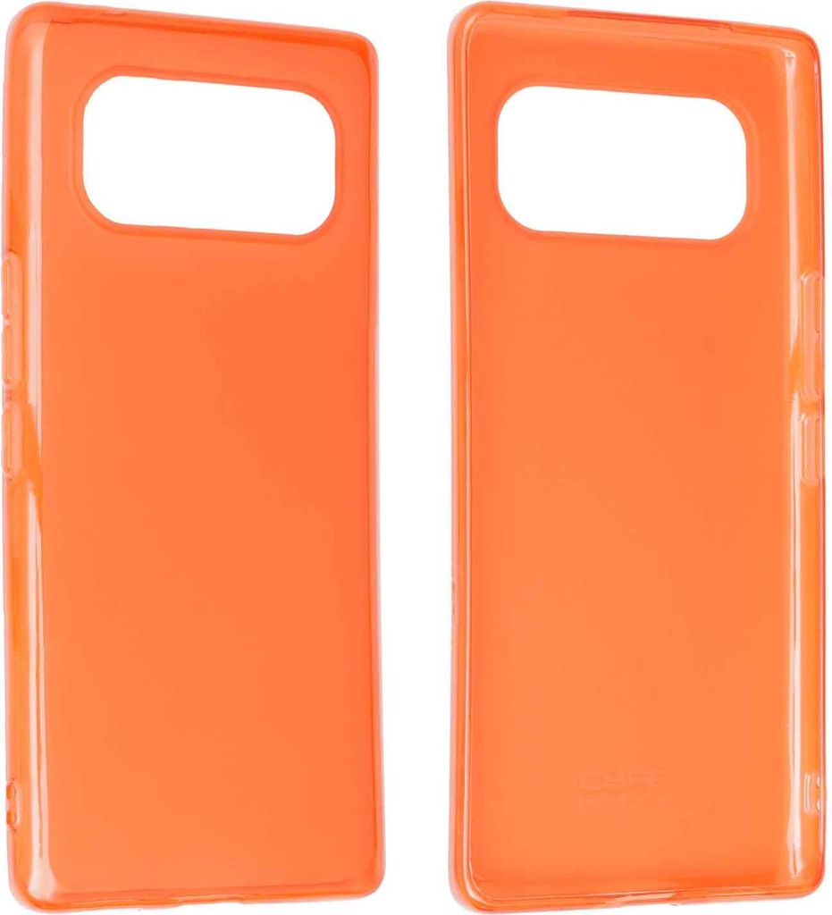 Two orange phone cases are shown side-by-side against a white background.