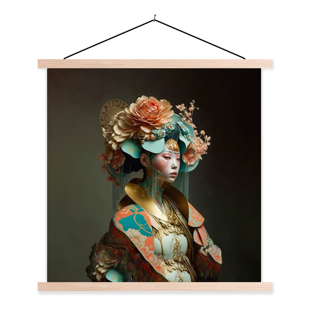 MuchoWow Textilposter Frau - Blumen - Orange - Porträt - Asiatisch 60x60 cm mit holzfarbenen Rahmen - Wanddekoration