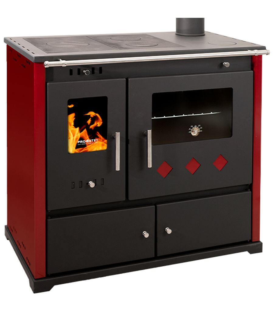 A front view of a red and black wood-burning stove with a glass oven door and a stovetop.