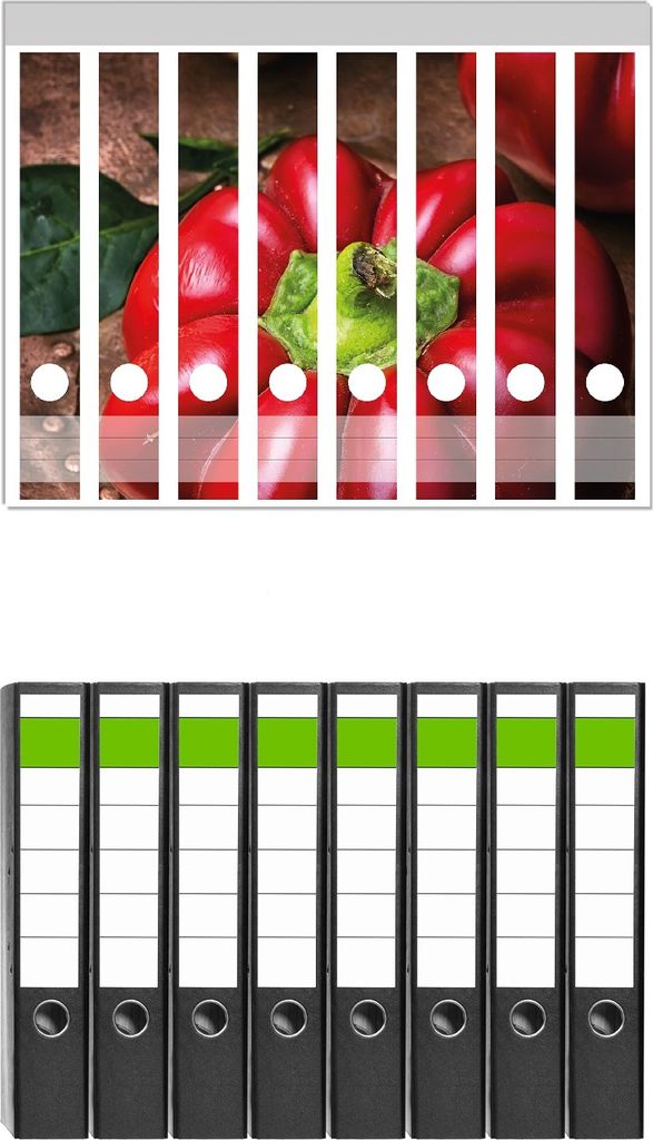 Wallario 8 Stück schmale Ordner inkl. Klebeetiketten mit Motive Rote Paprika in der Küche - Set mit Rückenschildern / Ordnerrücken Stickern
