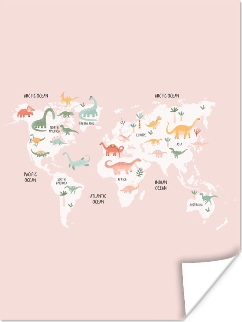 MuchoWow Poster Karte - Kinder - Dino 90x120 cm - Wohnzimmer