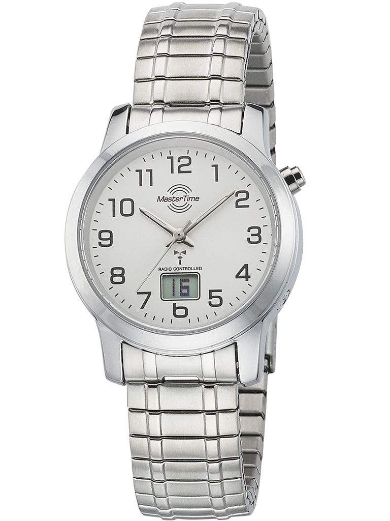 A close-up studio shot of a silver analog-digital watch with a white face.