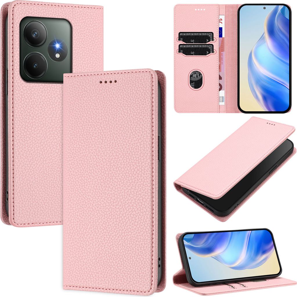 Litchi Leder Handyhülle für Realme GT 6/Realme GT 6T Wallet Kartenfächer Standfunktion Hülle Pink